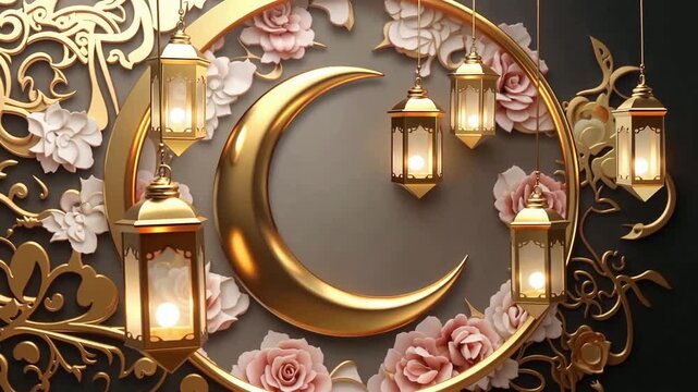 Decorative Golden Crescent Moon Lanterns With Roses.