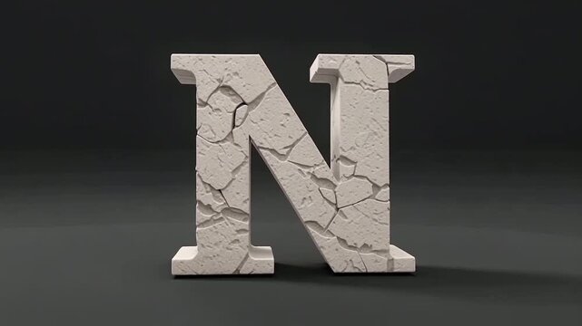 Cracked Stone Letter N Rises From Dark Background.