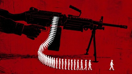 Obraz premium Striking visual illustration depicting human figures loading into a heavy machine gun belt against a stark, textured crimson background symbolizing conflict and danger.