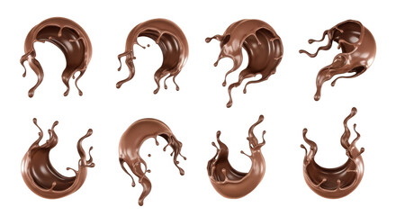 Obraz premium chocolate splashes liquid brown substance creating dynamic circular shapes against a clean white backdrop food visuals