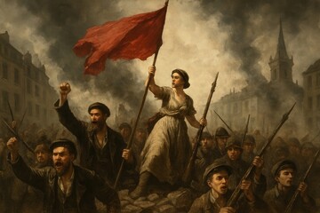 Obraz premium Revolutionary scene with determined figures.