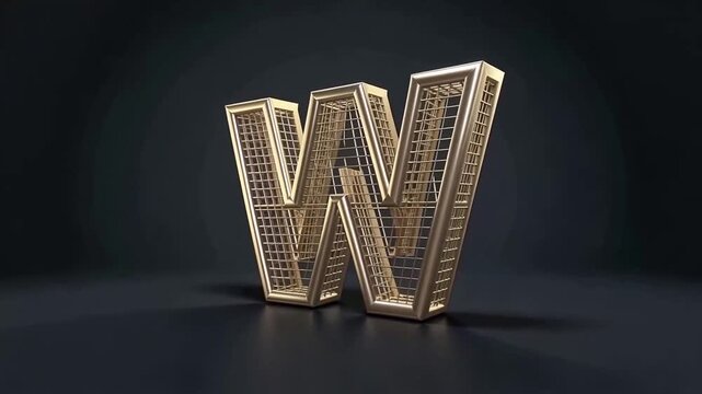 Luxurious Golden W Logo Sculpture Standing in Dark Studio.