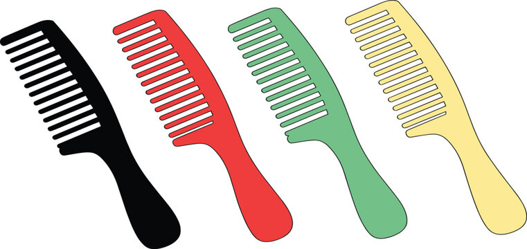 Set of vector illustration colorful plastic hair combs in black red green and yellow for daily grooming hair care