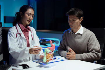 Fototapeta premium doctor shows a model of how the intestines system works, doctors explaining symptoms and treatment to patients.