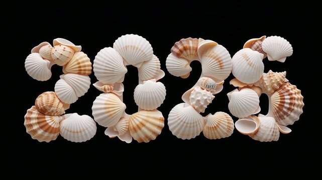 Seashell Numbers Form Twenty Twenty Six Against Black Background.