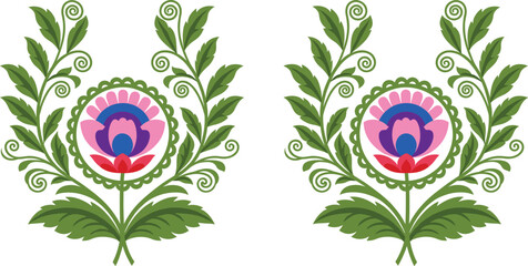 Decorative floral folk art ornament with colorful flower and green leaves symmetrical traditional pattern vector illustration isolated design © Shamim