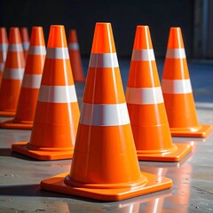 A close-up view of multiple orange traffic cones arranged on a concrete surface