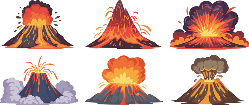 Set of six volcanic eruptions with flowing lava smoke clouds and explosions for natural disaster design vector illustration