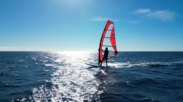 A skilled windsurfer confidently navigates the blue ocean waters, propelling across waves with their vibrant red sail. The dynamic scene showcases athletic prowess and the exhilarating