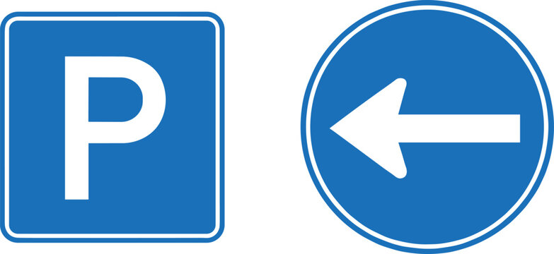 Blue parking sign and left arrow direction road symbol set isolated flat vector traffic navigation icons