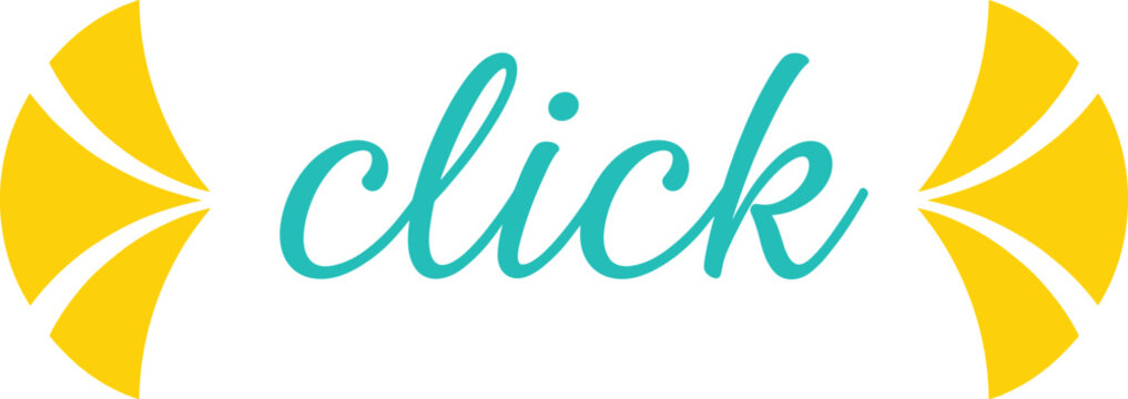 Click call to action typography design with handwritten script text and decorative yellow arrow shapes for website buttons and user interface prompts