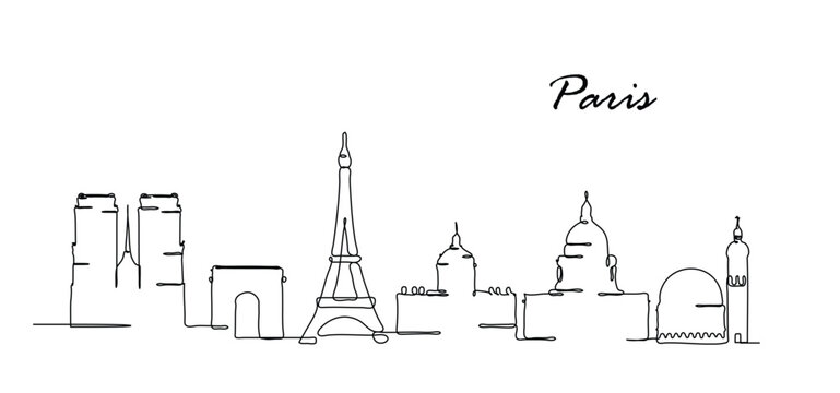 Minimalist continuous line art drawing of the iconic Paris cityscape featuring well known architectural sights Abstract illustration of the French capital with its famous monuments