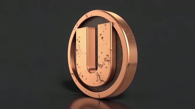 Copper Coin U Emblem Close Up Rotation Across Frame.
