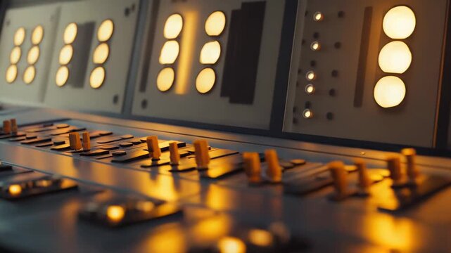 Old analog control panel with glowing buttons, faders, and rotary knobs in warm light, evoking vintage studio equipment, retro technology, and tactile electronic operation