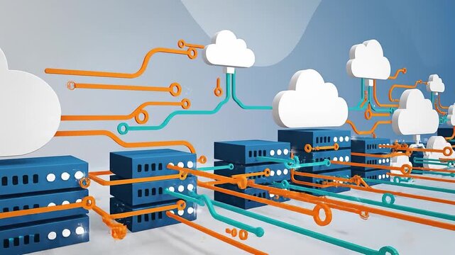 An animated cloud computing icon with server blocks, smooth data flow animation, slow left-to-right camera pan, flat vector design, loopable.