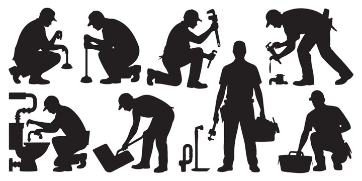 Professional plumber silhouettes fixing bathroom fixtures and using specialized tools for plumbing repair