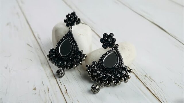 Pair of black metal earring with gem stones and beads in the Gift box