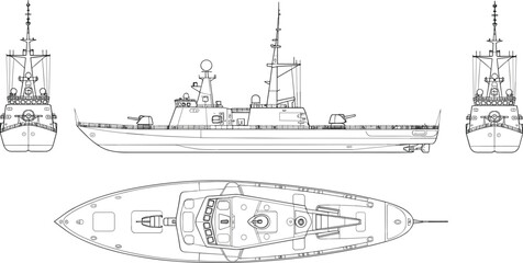Technical drawing blueprint of a naval warship from multiple views boat military © Mahafuj  Creatives