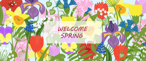 Bright welcome spring floral banner with colorful tulip, daffodil and iris flowers. Vibrant seasonal design for greeting card, website header, marketing campaign and social media. © loli