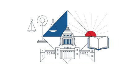 Naklejka premium Law scales book building pyramid sun