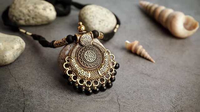 Indian traditional gold necklace with black beads