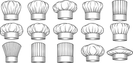Chef hat collection vector set with hand drawn line art cooking toques in multiple styles for restaurant, bakery, and culinary branding