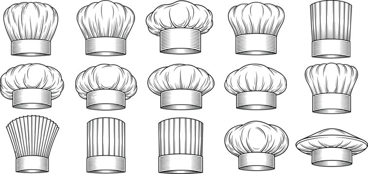 Chef hat collection vector set with hand drawn line art cooking toques in multiple styles for restaurant, bakery, and culinary branding