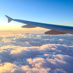 Obraz premium Aerial view of fluffy clouds and airplane wing at sunset
