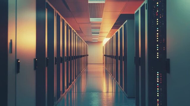 Server racks standing in rows along a long corridor inside a modern data center, networking, and cloud computing facility, signifying big data storage and digital technology infrastructure
