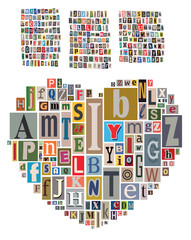 Colorful Ransom-Style Alphabet Heart Collage Typography Art Made From Mixed Letters