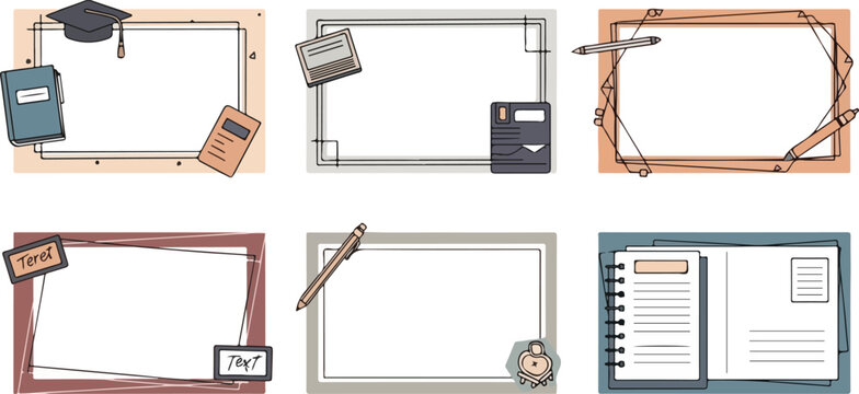 Set of educational frames with school stationery and graduation cap for digital learning and student certificate background