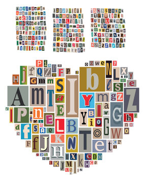 Colorful Ransom-Style Alphabet Heart Collage Typography Art Made From Mixed Letters