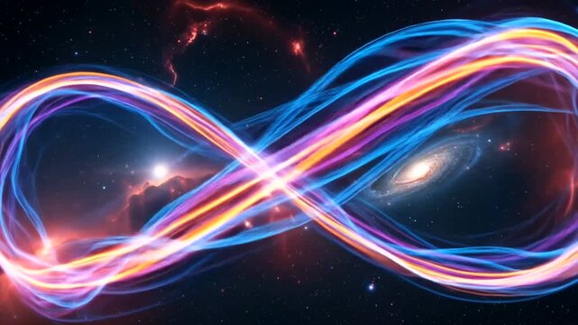 Colorful infinity symbol against a cosmic backdrop with swirling galaxies