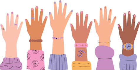 Obraz premium Diverse female hands raised wearing stylish jewelry rings bracelets and watches for fashion and community design vector illustration