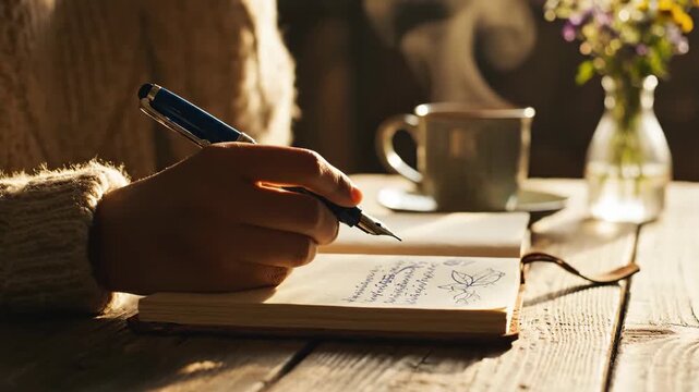 Close up of person writing in journal with coffee and flowers on wooden table.