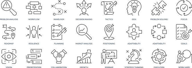 Fototapeta premium Strategic Planning And Business Problem Solving Line Icon Set With Workflow Goals Growth And Execution