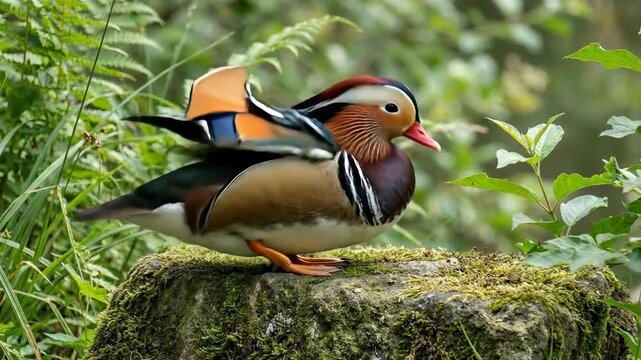 A colorful mandarin duck is resting on a moss-covered rock surrounded by greenery. The duck displays vibrant orange, white, and blue plumage.