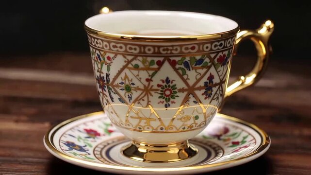 Elegant porcelain teacup with gold accents on wooden table.