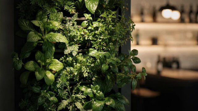 Closeup medium shot of vibrant indoor herbs thriving on a wallmounted garden with a softly blurred modern bar backdrop enhancing the cozy ambiance.