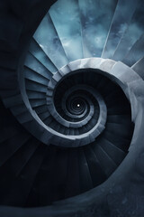 Mysterious stone spiral staircase descending into darkness, ancient gothic architecture with moody blue lighting, dramatic top-down perspective