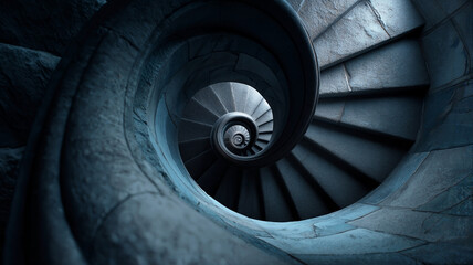 Mysterious stone spiral staircase descending into darkness, ancient gothic architecture with moody blue lighting, dramatic top-down perspective