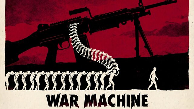Stylized conceptual art illustrates the human cost and relentless demand of the military industrial complex using repeating human figures as ammunition feed