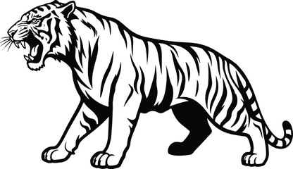 Fierce tiger with bared teeth, roaring aggressively with its mouth open, a powerful predator displaying its formidable strength in a striking black and white illustration