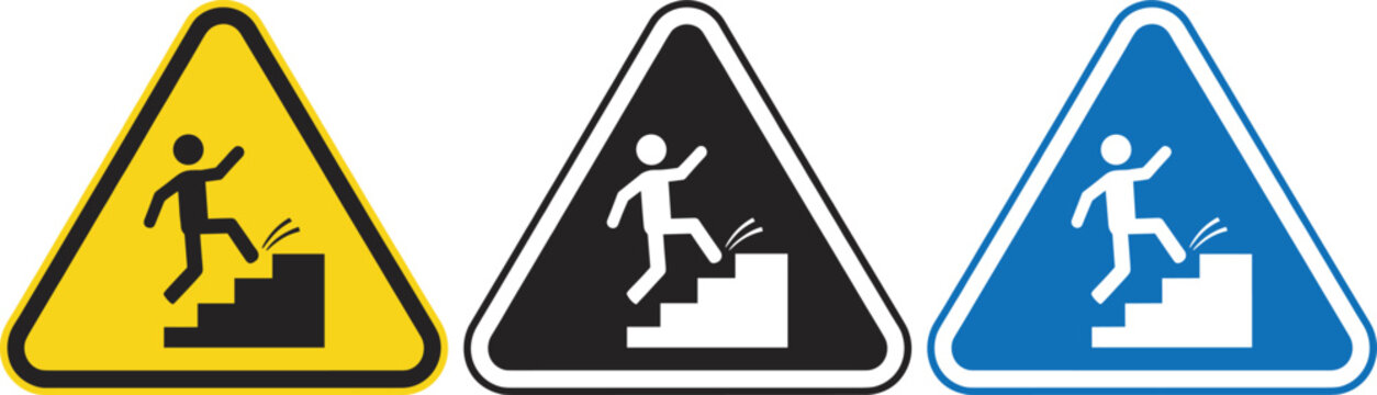 Stairway hazard warning sign icon set with falling person symbol in yellow, black, and blue triangle styles