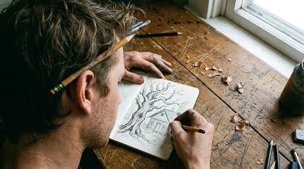 Top Down Detail of Creative Designer Hands Sketching on Wood Surface with Pencil Tucked Behind Ear