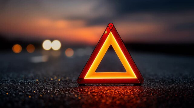 Glowing warning triangle on wet road at dusk