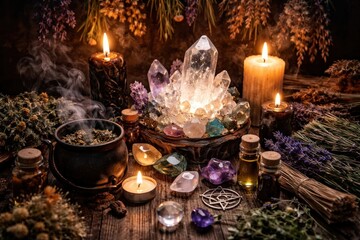 Mystical crystals with candles.