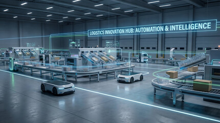 Obraz premium Logistics Innovation Hub with Automated Sorting Conveyors and Smart Robots