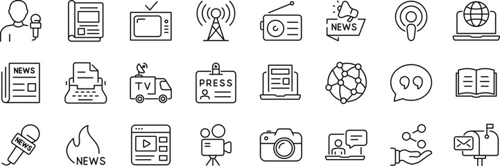 News And Media Communication Line Icon Set With Journalism Broadcasting Press And Online Reporting