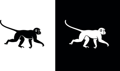 Monkey silhouettes vector, walking monkey illustration, primate artwork, black and white design, wildlife background, exotic animal icon, nature scenery © Masud World